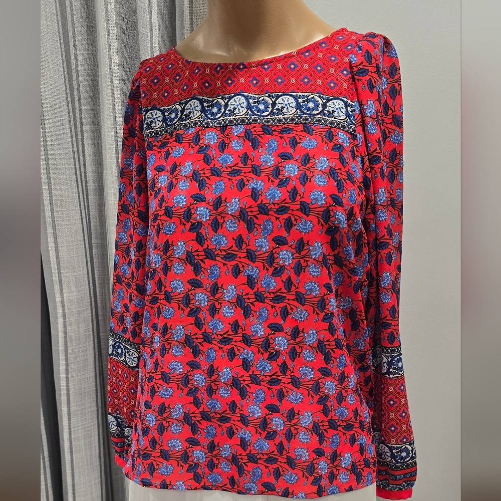 LOFT Red Blue Floral Print Career Blouse Top Red Size XSP Long Sleeve